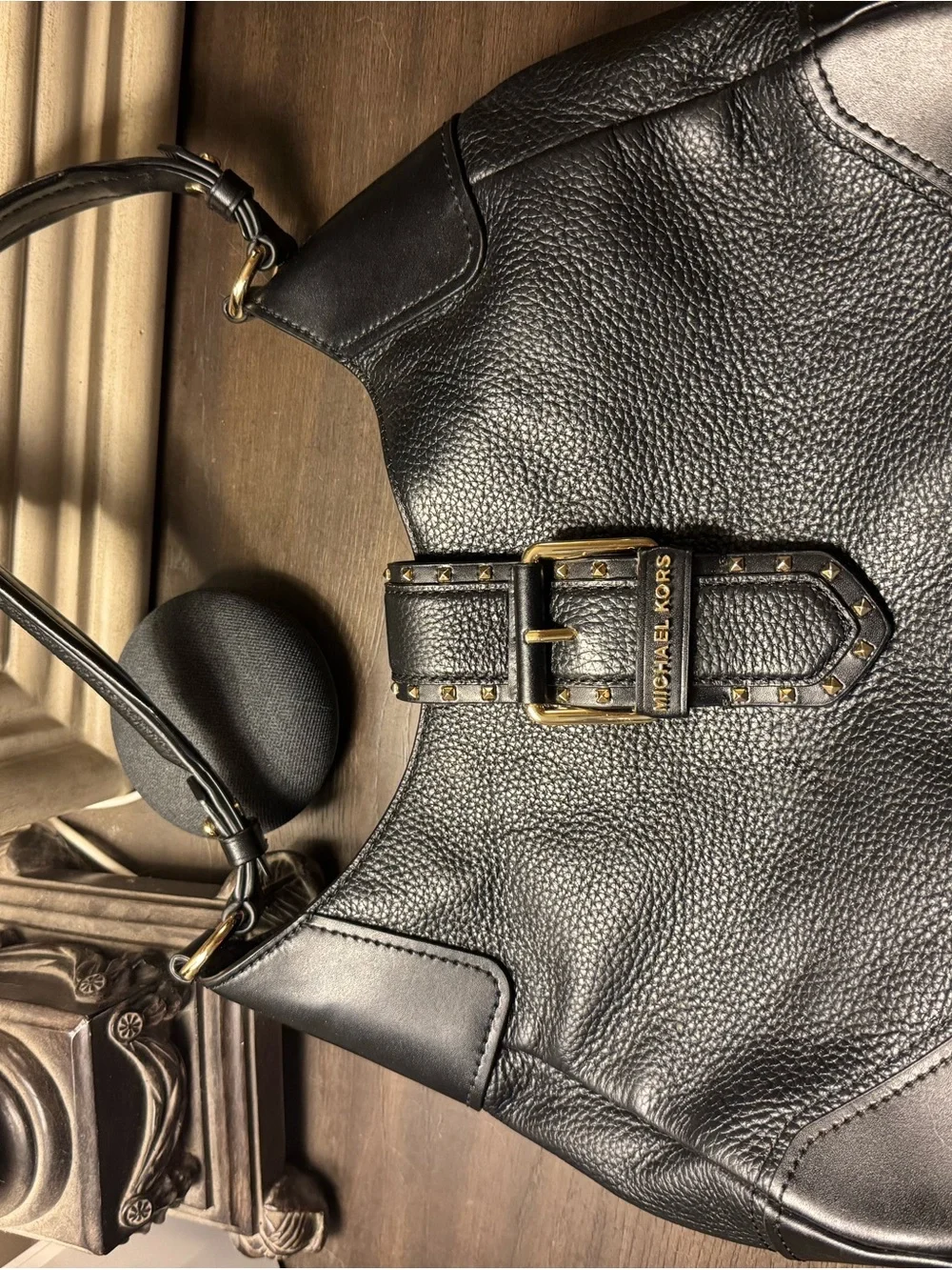 Michael Kors Black Pebbled Leather Shoulder Hobo with Gold Buckle Detail
